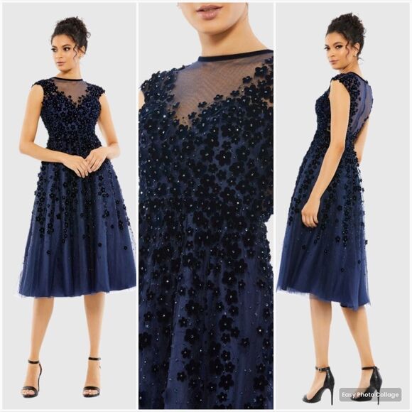 Mac Duggal 67910 Womens EMBELLISHED ILLUSION HIGH NECK CAP SLEEVE MIDI DRESS - Picture 1 of 16